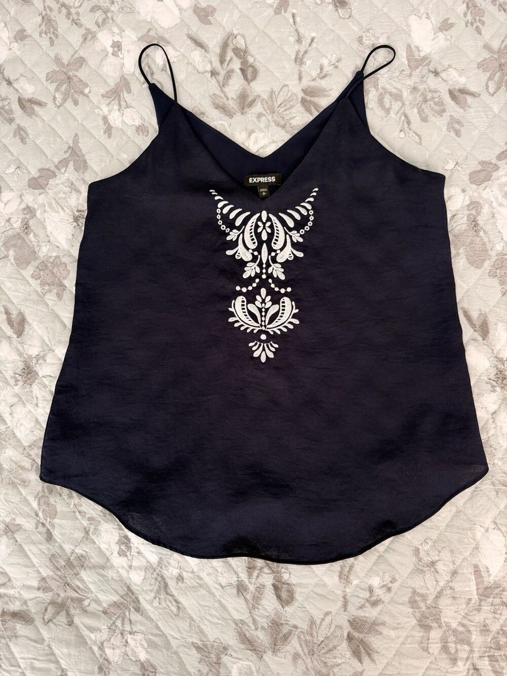 Express Navy Blue Embroidered Cami Tank Top Small Boho Satin Look